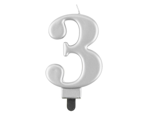 Świeczka cyfra metaliczna srebrna B&amp;C 9 cm TRÓJKA.jpg
