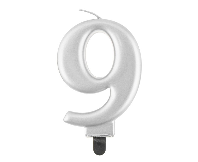 Świeczka cyfra metaliczna srebrna B&amp;C 9 cm DZIEWIĄTKA.jpg
